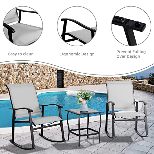 Vongrasig 3 Piece Outdoor Rocking Bistro Set, Textilene Fabric Small Patio Furniture Set, Front Porch Rocker Chairs Conversation Set with Glass Table for Lawn, Garden, Balcony, Poolside (Light Gray)