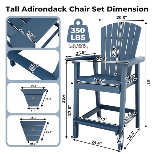 GAOMON Tall Adirondack Chairs Set of 2, Recycled HDPE Bar Height Patio Chairs with 2 Removable Connecting Trays & Umbrella Hole, Heavy Duty Outdoor Furniture for Deck, Backyard, Garden, Balcony, Blue