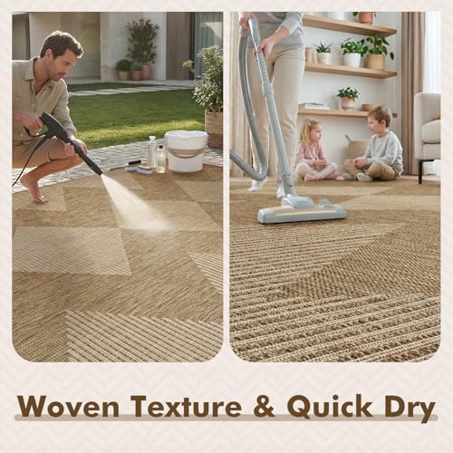 MontVoo-Outdoor Rug Carpet Patio Rug 5x7 ft Polypropylene Indoor Outdoor Rugs for Patio Deck Balcony Porch, Textured Weave, Durable for High Traffic, Fade-Resistant, Boho Geometric Neutral Brown