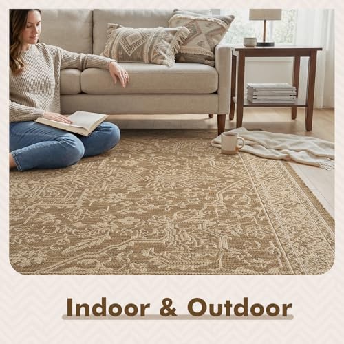 MontVoo-Outdoor Rug-Patio Rug 5x7 ft Polypropylene Indoor Outdoor Rugs Carpet for Patio Deck Balcony Porch, Textured Weave, Durable for High Traffic, Fade-Resistant, Vintage Medallion Neutral Brown