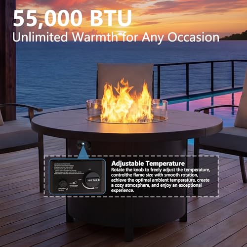 RTDTD 48" Round Propane Fire Pit Table,55000 BTU Round Firepit,Outdoor Fire Pit with Fire Glass,Lid,Waterproof Cover and Blue Glass Stone for Backyard,Garden,Patio