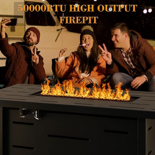43 Inch Propane Fire Pit Table for Patio & Backyard, 50,000 BTU Steel Gas Fire Pit with Lid & Lava Rocks, Outdoor Table Heater for Deck, Garden, Smokeless Flame