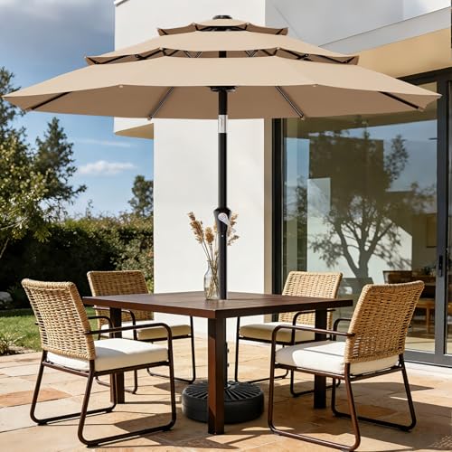 AreShark 9ft 3-Tier Patio Umbrellas, Outdoor Umbrella with 8 Sturdy Ribs UV Protection Windproof, Market Table Umbrella w/Push Button Tilt & Crank for Pool, Porch, Deck, Garden(Beige)