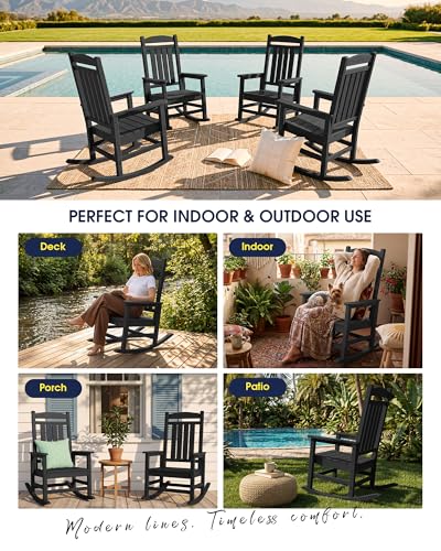 KINGYES Oversized Outdoor Rocking Chair Set of 2, High Density Polyethylene Patio Rocking Chairs with 350lbs Support for Adults,Porch Recliner Rocker, Black