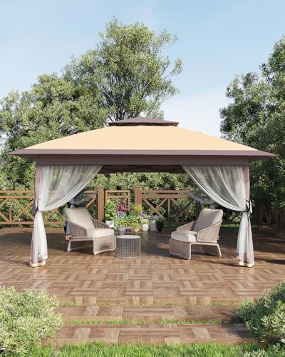Canopy Tent 13x13 ft, Pop Up Gazebo One-Push Setup with 4 SandBags for Backyard Parties and BBQs, Mosquito Netting & Height Adjustable - Khaki & Coffee