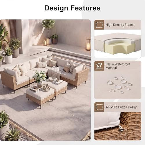 EO Living 8-Piece Patio Furniture Set, Outdoor Sectional Sofa PE Rattan Outdoor Patio Furniture with Thick Cushions, All Weather Patio Conversation Sets for Garden, Poolside, Backyard(Beige)