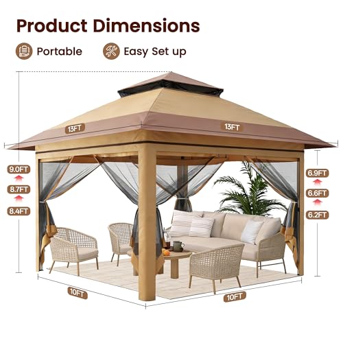 Driftalia 13x13 Pop Up Gazebo, Instant Outdoor Gazebo with Mosquito Netting, Vented Roof and Carry Bag for Patio, Garden & Backyard - Beige & Coffee