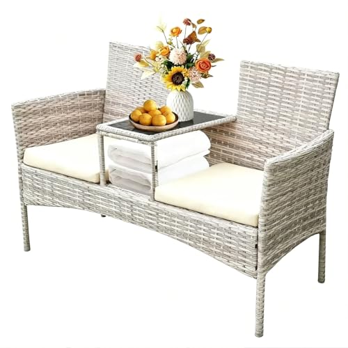 2-Seat Gray Wicker Outdoor Loveseat with Glass Coffee Table & cushions