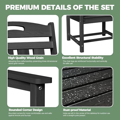 SUUNYN HDPE Outdoor Dining Set, Patio Table and Chairs Set, All-Weather 7-Piece Outside Table and 6 Chairs, 2" Umbrella Hole, Outdoor Furniture for Garden, Poolside, Backyard, Deck | Black