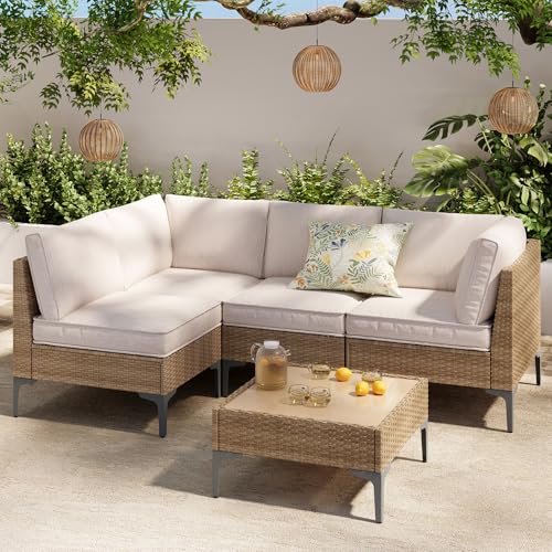 SunloungeCo 5-Piece Patio Furniture Set, Outdoor Wicker Sectional Sofa with Coffee Table, Anti-Slip & Thick All-Weather Cushions for Party, Garden, Backyard, Beige