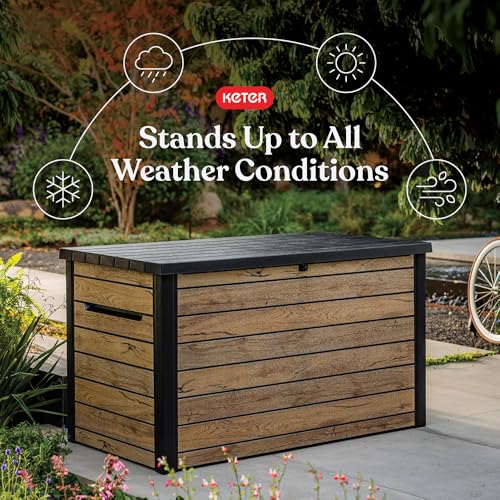 Keter Signature Collection 230 Gallon Resin Deck Box Organization and Storage Box for Patio Outdoor Cushions, Throw Pillows, Garden Tools and Pool Supplies, Pine