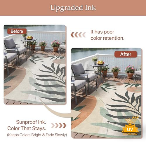 GENIMO Outdoor & Indoor Area Rug 8'x10', Waterproof, Non-Shedding, Easy Cleaning, Leaf Mat for Patio, Living Room, Balcony, Dining Room, RV, Deck, Bedroom, Camping, Outside Carpet, Beige Grey