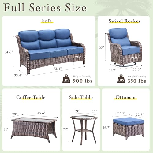 moosprr Luxury High Back Outdoor Furniture with 6-inch Extra Thick Cushions, Patio Furniture Set with Swivel Chairs, 7 PCS Wicker Conversation Set for Yard, Deck, Poolside, Brown/Blue