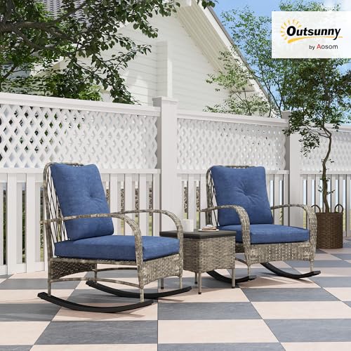 Outsunny 3 Piece Wicker Patio Furniture Set, PE Rattan Rocking Chairs with Coffee Table, Cushions, Outdoor Bistro Set for Porch, Garden, Poolside, Gray