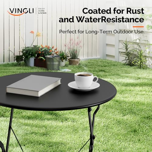 VINGLI Outdoor Folding Bistro Table and Chairs Set of 2, 3-Piece Bistro Set with Premium Steel Frame for Patio, Balcony, Garden, Porch, Yard, Black