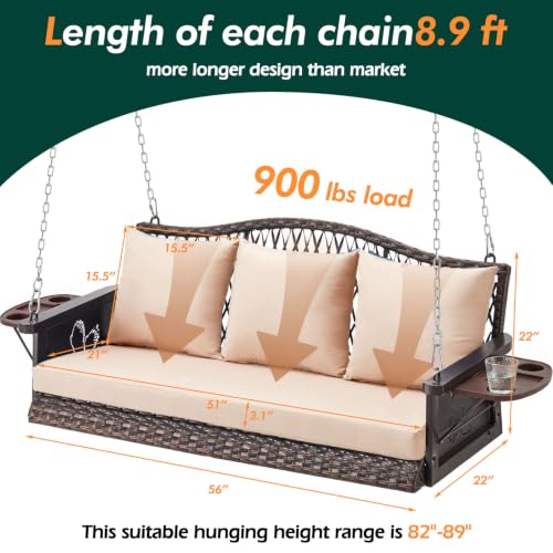 ZZW Upgraded Wicker Hanging Porch Swing Heavy Duty 900lbs 3-Seat Outdoor Patio Swing Chair Bench for Adult w/ 8.9ft Hanging Chains Cushions and Cup Holder