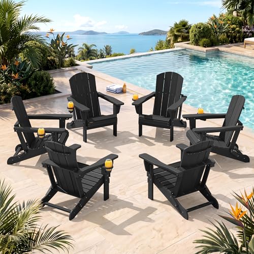 SERWALL Folding Adirondack Chair Set of 6, Adjustable Adirondack Chair with 3 Recline Positions, All Weather HDPE Outdoor Adirondack with Cup Holders, Black
