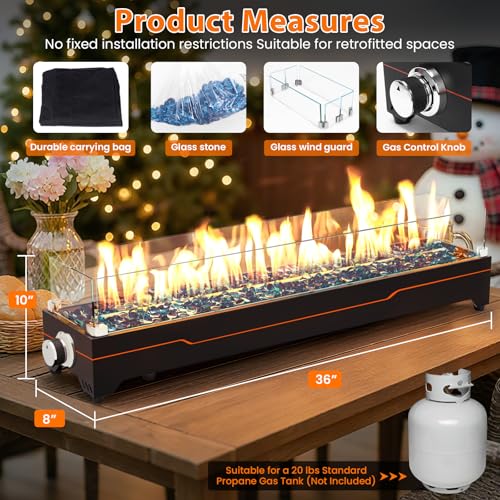 GRISUN Tabletop Fire Pit,36 Inch Propane Fire Pit Table,50000 BTU Table Top Firepit with Glass Wind Guard,Stainless Steel Burner,Fire Glass,Portable Propane fire Pit for Patio, Camping, Backyard & RV