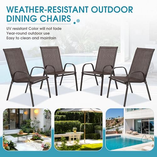 Villeston 24.4" Wide Outdoor Stackable Chairs Set of 4, Stacking Patio Chairs with Textilene Fabric, Outside Furniture for Garden Backyard Balconie Poolside Deck, Brown