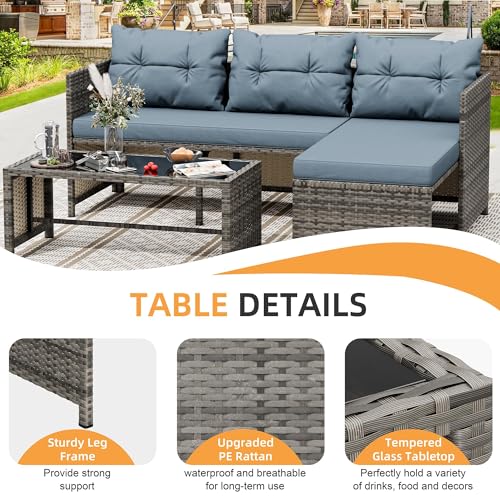 Shintenchi 3 Pieces Outdoor Patio Furniture Sets, Wicker Patio Conversation Sets, All Weather Wicker Rattan Patio Seating Sofas with Glass Coffee Table and Cushion, Blue-Gray