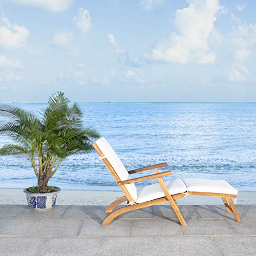 SAFAVIEH Outdoor - Palmdale Chaise Lounge Chair - Brown & Beige - Solid Wood with Cushion - Deck-Chair Design - Ideal for Patio, Poolside, Backyard, 21.9"W x 56.3"D x 36"H (PAT7015C)