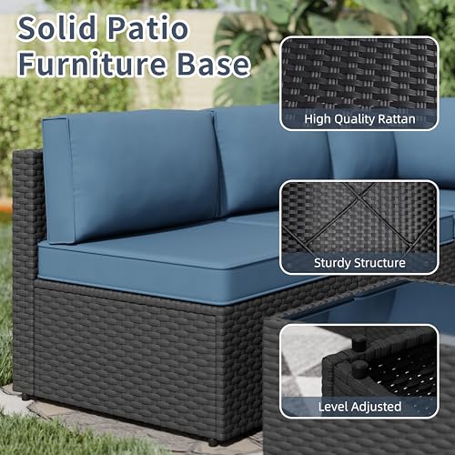 SUNLEI 5 Piece Outdoor Patio Furniture Set with Fire Pit Table, Black PE Rattan Wicker Conversation Sofa Set with Blue Cushions, All Weather Sectional Patio Couch for Backyard, Deck, Garden, Porch