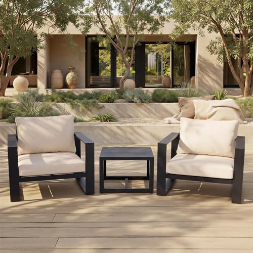 SAFAVIEH Outdoor Patio Furniture Collection – Fash Black & Taupe Cushion 3-Piece Living Set, Modern Outdoor Chairs & Slatted Square Table (PAT7552A)