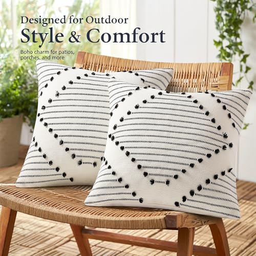Mecatny Boho Summer Outdoor Throw Pillow Covers 18X18 Set of 2, Farmhouse Decorative Pillow Covers for Couch Sofa Living Room, Black & Cream White