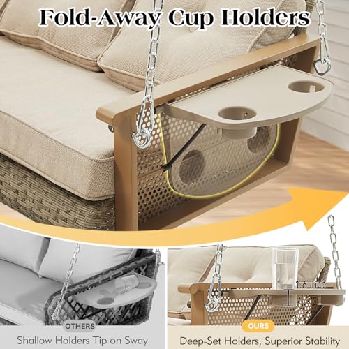 Yalissey 3-Seat Hanging Porch Swing with Cup Holders, Wicker Porch Swing with Cushions, Heavy Duty Front Porch Swing with Chains, Outdoor Patio Hanging Swing Bench for Porch, Patio, Backyard, Beige