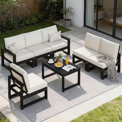 Polyhouz Patio Furniture Set, 7-Piece Outdoor Furniture with Cushions, L Shaped Outdoor Couch Sets 6 Seats, HDPE Patio Sectional Sofas for Porch, Backyard, Deck, Black