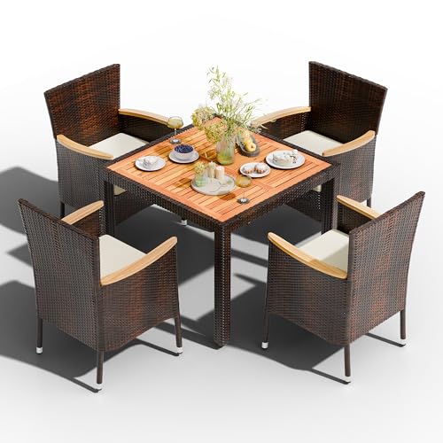 Shintenchi 5 PCS Patio Dining Set, Wicker Outdoor Table and Chairs with Soft Cushions, Patio Furniture Set with Wood Table Top for Backyard, Deck and Garden, Brown Wicker