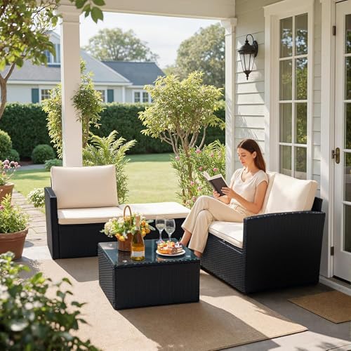 Devoko Patio Sofa,Outdoor Furniture Set 4 Pieces,Wicker Sectional Couch with Glass Desktop and 75.9in Wide Backrest for Backyard, Deck,Porch & Poolside(Black)