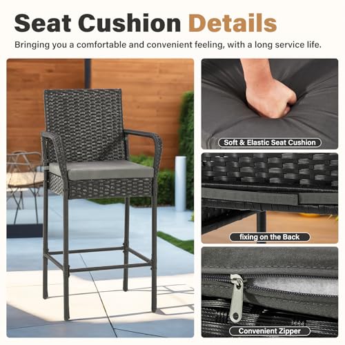 ECOTOUGE Patio Wicker Barstools Set of 4, Rattan Outdoor Bar Height Chairs with Armrest, Soft Cushion, Footrests, All-Weather Furniture for Backyard, Pool, Garden, Black