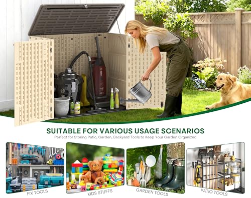 IWDOO Outdoor Storage Shed, 30 Cu Ft Waterproof Horizontal Resin Storage Cabinet, Weather-Resistant Garden Shed Trash Can Storage with Pad-Lockable Doors for Backyards (Khaki)