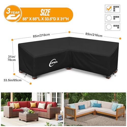 Kipiea Patio V-Shaped Sectional Sofa Cover, 420D Heavy-Duty Oxford Fabric Outdoor Sectional Cover with 6 Windproof Buckles, Anti UV and No Tears, No Fading (85"/85" L x 33.5" D x 31" H) Black