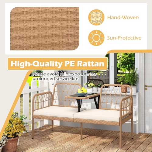 Tangkula Outdoor Loveseat with Built-in Coffee Table, Patio Wicker Conversation Sofa for 2 with Padded Cushion, for Lawn, Garden and Backyard (Off White)