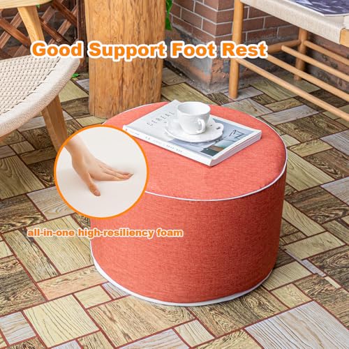 Outdoor Ottomans for Patio Pouf Waterproof Fade-Resistant Ottoman Foot Rest for Outdoor - Ottoman Chair Filled with High-Density All-in-One Foam, 20"D x 14"H Inches (Burnt Orange, Round)