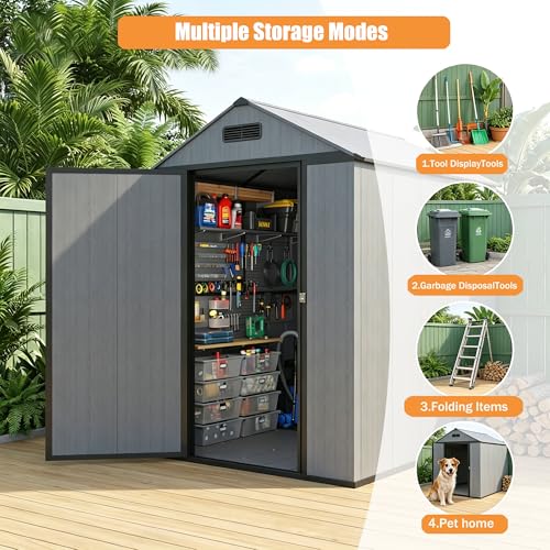 MNLR Resin Storage Shed 4x6 FT with Floor - Weatherproof Outdoor Plastic Tool Shed with Sloped Roof, Built-in Vents & Padlock-Ready Door, Small Garden Shed for Backyard Patio Lawn