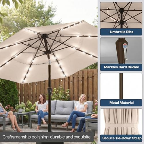 Patio Kingdom 10ft 3-Tier Patio Umbrella with 32 Solar Powered LED Lights, Windproof Outdoor Market Umbrella for Deck, Poolside & Garden, Sturdy Push-Button Tilt Table Umbrella, Beige