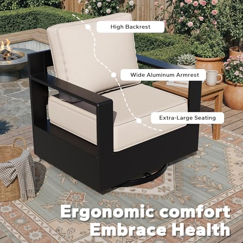 Qsoer Aluminum Patio Swivel Chair - Outdoor Swivel Rocking Chair with 6" Thick Removable Cushions, All-Weather Metal Frame, Deep Setting for Garden, Poolside and Porch
