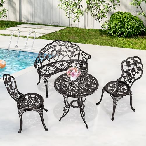 Sundale Outdoor Cast Aluminum Bistro Set of 4, Patio Conversation Set with Umbrella Hole for Balcony All Weather Resistant Antique Finish Patio Porch Yard Black Rose