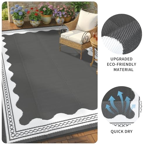 Garvee Outdoor Rug 5x8 Scalloped Waterproof Patio RV Outdoor Rugs Reversible Foldable Plastic Straw Rug Modern Camping Carpet for Deck Camper Porch Balcony Backyard Picnic Beach Grey