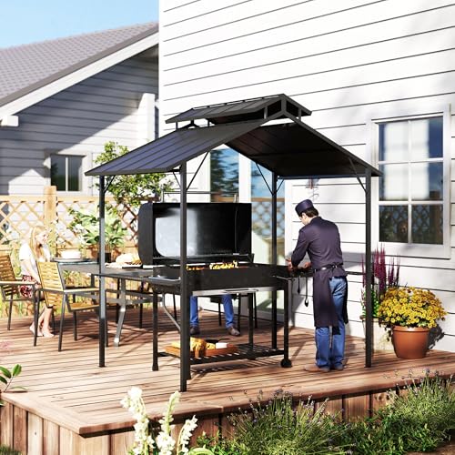 Outsunny 8' x 5' Hardtop Grill Gazebo, Outdoor BBQ Gazebo with Double Metal Roof, 2 Side Shelves and 10 Hooks, Grill Canopy for Patio Backyard Lawn Deck