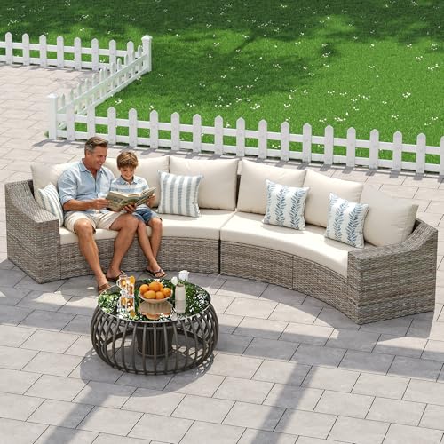 LUXOAK 6-Piece Wicker Patio Furniture Set, Curved Half-Moon Outdoor Sectional Sofa with 6" Wide Armrests, All-Weather Rattan Conversation Set with Thick Cushions, for Backyard/Garden/Deck/Patio
