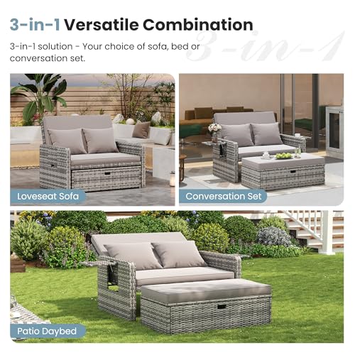 Amopatio Wicker Outdoor Daybed, Outdoor Loveseat with Storage Ottoman, Rattan Patio Daybed, Patio Loveseat with 4-Level Adjustable Backrest & Folding Tray, for Yard, Balcony, Porch, Poolside, Grey