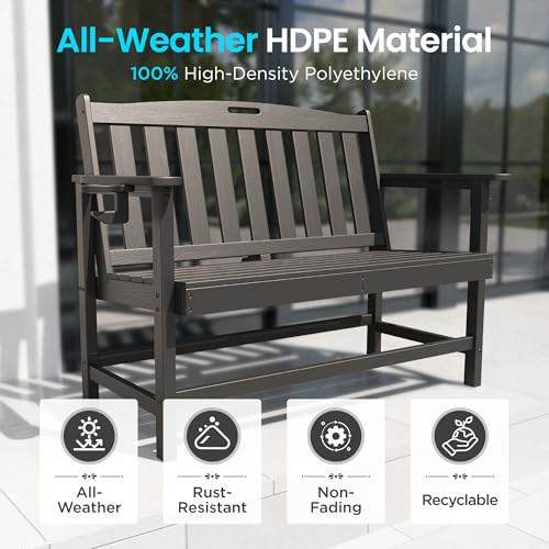 PHI Villa 50 Inches HDPE Outdoor Bench Weatherproof Garden Bench with 700 lbs Capacity, 2-Person Patio Benches for Outside, Park, Yard and Porch, Black