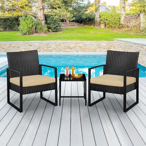Yaheetech 3 Pieces Rattan Bistro Set, Indoor/Outdoor Wicker Patio Modern Conversation Furniture, 2 Chairs & Tempered Glass Coffee Table for Garden, Balcony, Backyard, Poolside, Black/Khaki