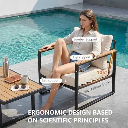 Xiacare Modern Patio Furniture Set, 4 Pieces Outdoor Conversation Set with Coffee Table, Metal Patio Furniture with 4" Washable Foam Cushions, Ships in 1 Box, Beige