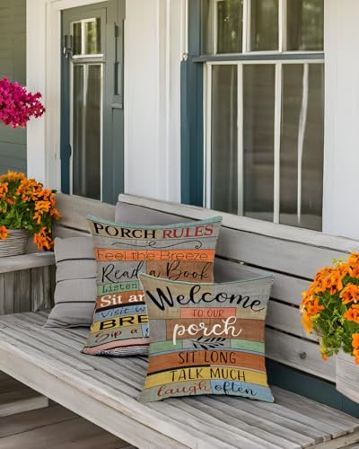 Jartinle Decorative Outdoor Pillow Covers Porch Rules Sign Farmhouse Throw Pillow Covers, Square Linen Patio Cushion Cases for Couch Bench Seat Chair Car 18x18 Inch