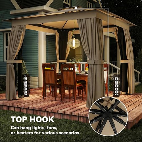 Outsunny 10' x 10' Outdoor Patio Gazebo, Heavy Duty Gazebo Canopy Shelter with Double Roof, Curtains, Netting, Steel Frame, UPF30+ Protection, Ceiling Hook for Lawn, Backyard, Deck, Khaki